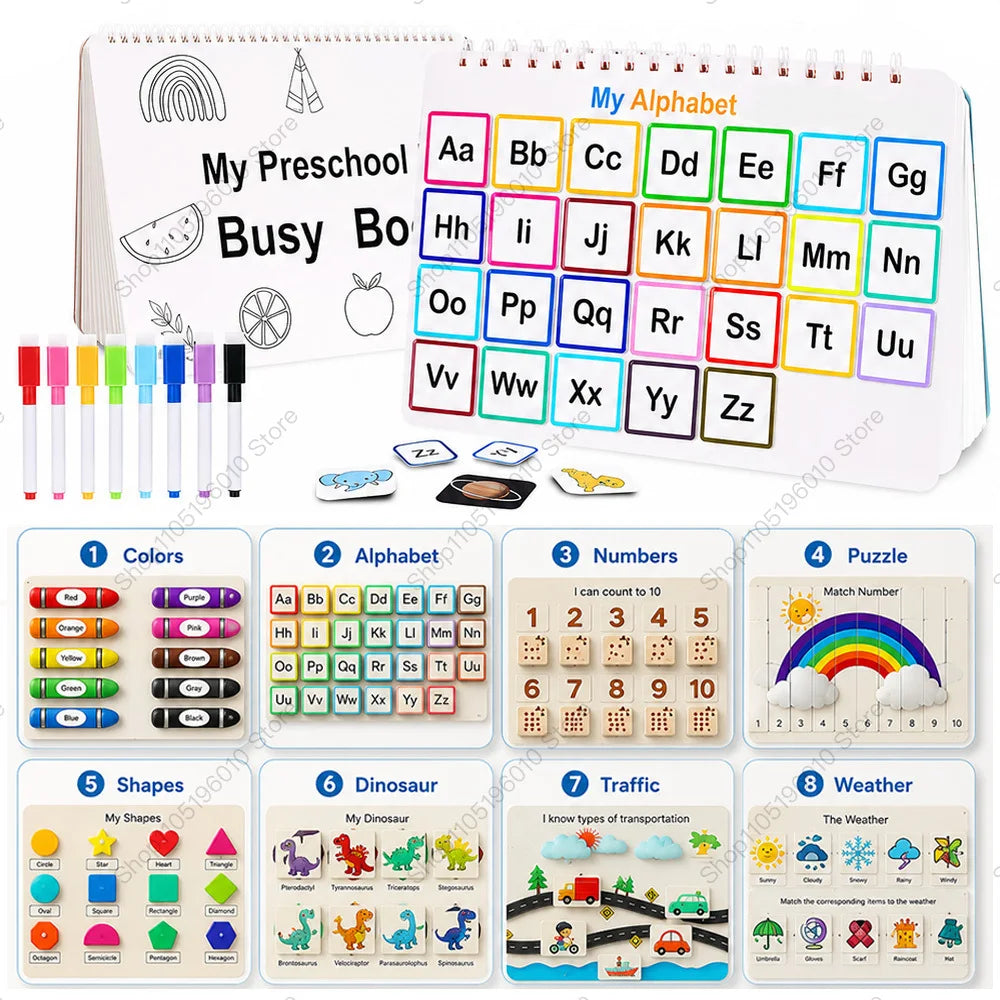 Interactive preschool busy book with 8 activity pages including colors, alphabet, numbers, puzzle, shapes, dinosaur, traffic,