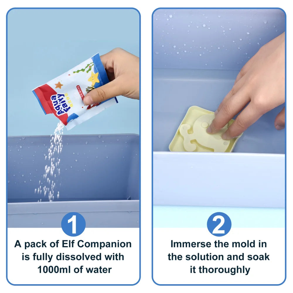 A hand pours a pack of Elf Companion fully dissolved with 1000ml of water into a mold for a DIY craft kit.