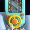 A light blue interactive steering wheel toy is shown in a handheld device, featuring a miniature driving track.