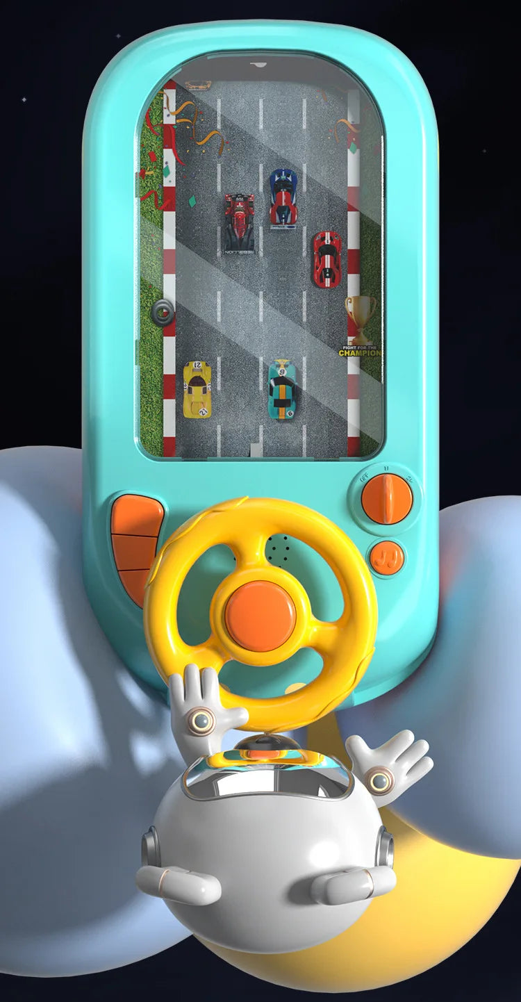 A light blue interactive steering wheel toy is shown in a handheld device, featuring a miniature driving track.