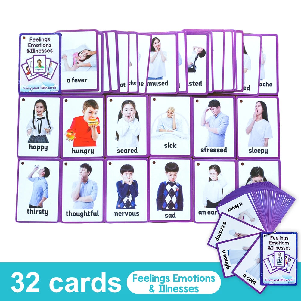 A set of 32 purple felt cards depicting various feelings emotions and illnesses for educational purposes