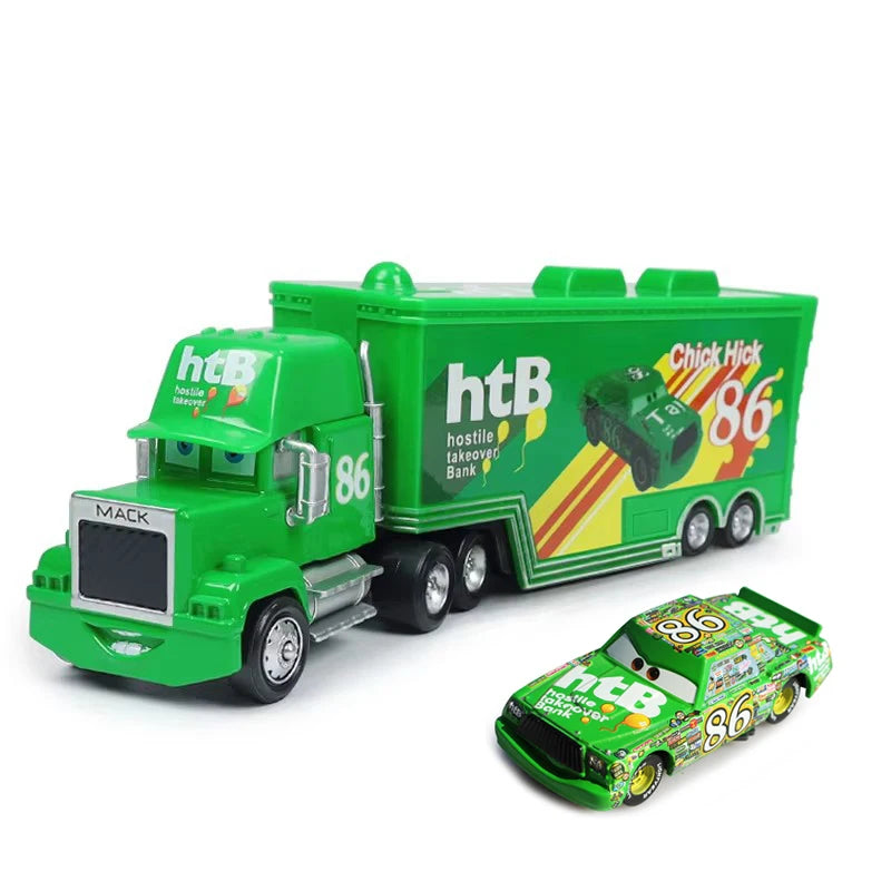 A green diecast toy hauler truck with an htB logo and a smaller green vehicle on the back.