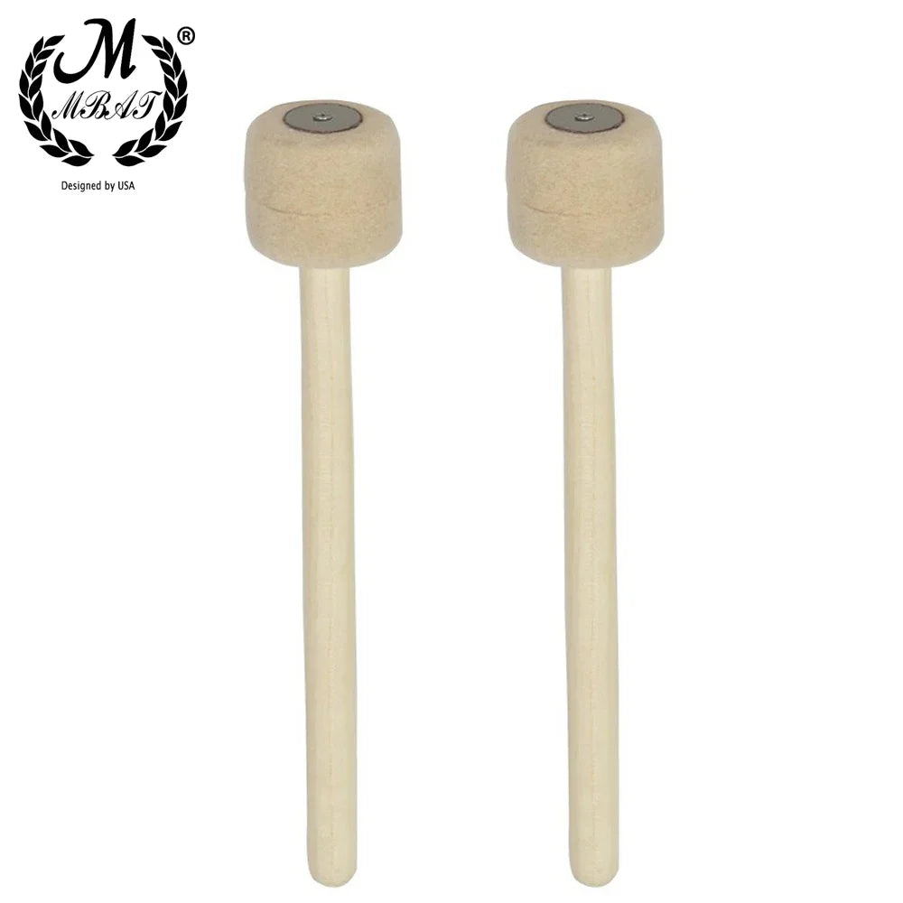 A pair of professional wool felt bass drum mallets with wooden handles.