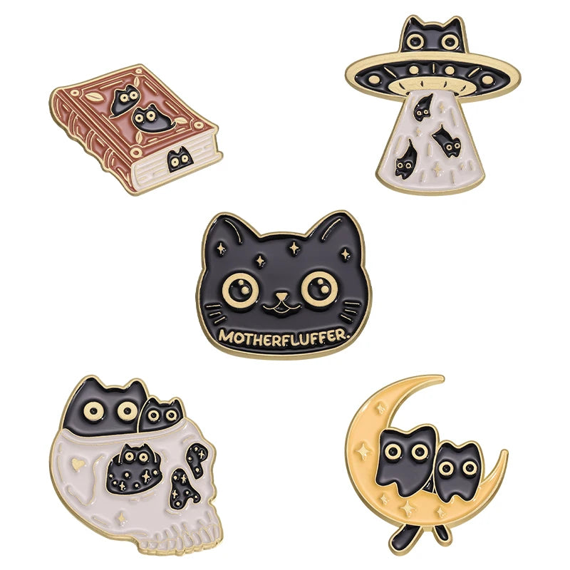 Set of four black cat enamel pins featuring various designs and styles.