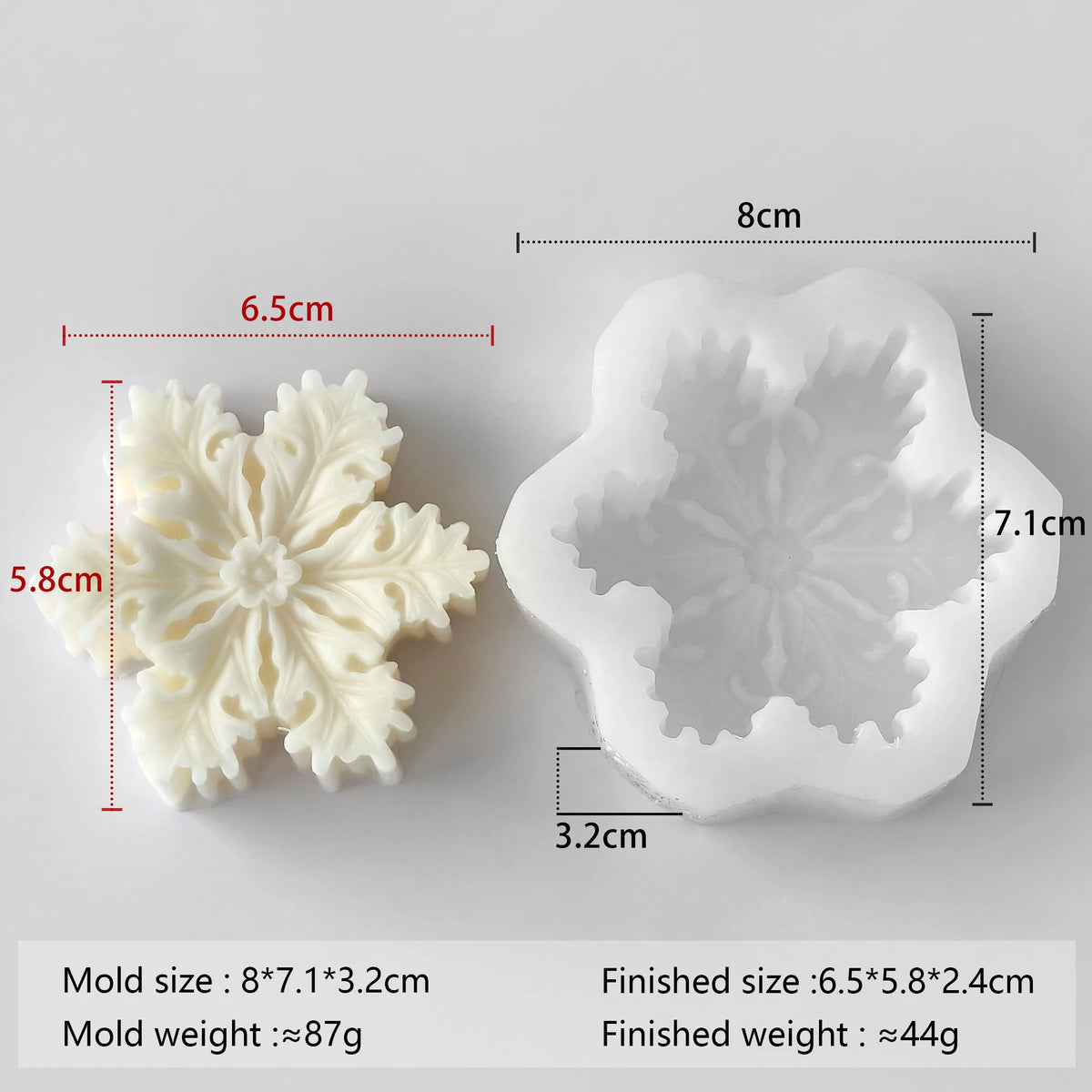 A white silicone mold for making snowflake-shaped items like candles or soap, shown with dimensions.