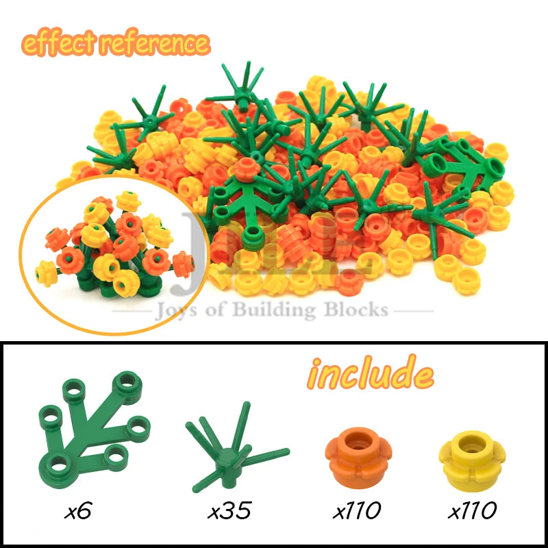 A set of green and orange building blocks shaped like cherry blossom trees, including various pieces.
