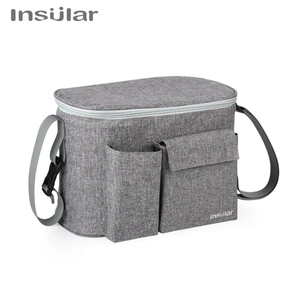 A gray Insular stroller organizer bag with a bottle holder is shown.