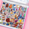 A page from a sticker book filled with colorful 3D kawaii miniature scenes and items for scrapbooking.