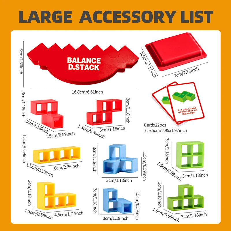 Grande liste d'accessoires montrant divers blocs de construction rouges et verts et un jeu de puzzle de balance.