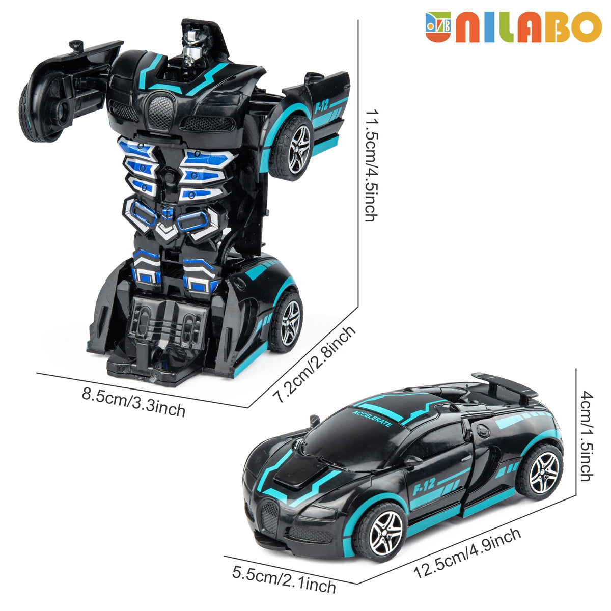A black and blue transformable robot sports car toy with wheels and detailed body parts.