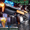 A black electric continuous firing water gun with a power grip and a modular battery and USB charging cable on a dark surface