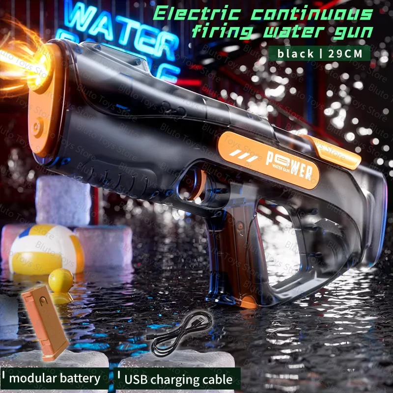 A black electric continuous firing water gun with a power grip and a modular battery and USB charging cable on a dark surface