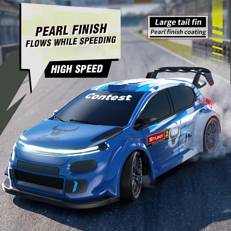 Blue RC drift car with pearl finish coating driving on a road, featuring LED lights and a large tail fin.