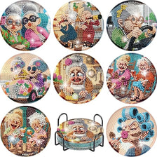 Eight diamond painting coasters featuring various floral and nature designs.