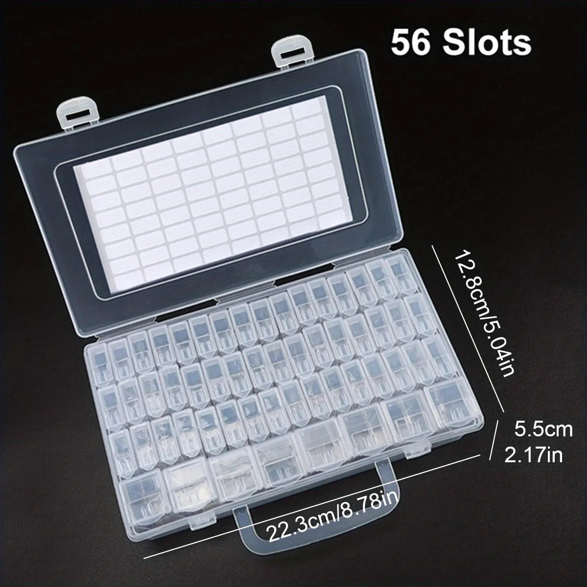 A clear plastic storage organizer with 56 slots is shown open, revealing multiple compartments for craft supplies.