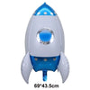 A white and blue foil balloon shaped like a rocket or plane for birthday party decor