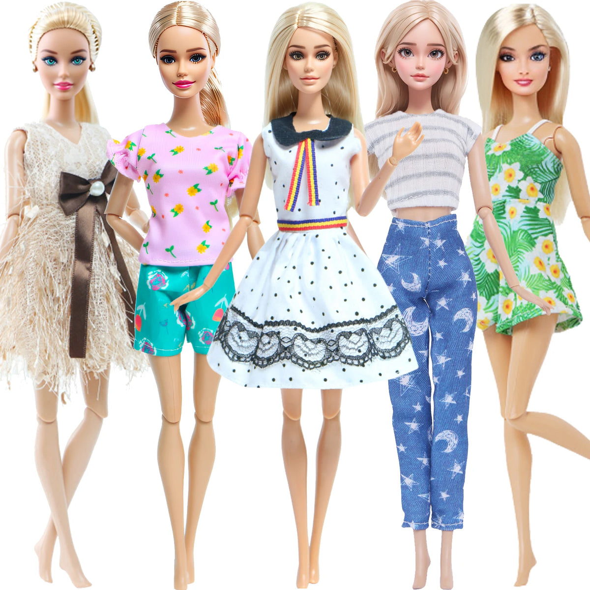 Five fashion dolls wearing various casual outfits and hairstyles.