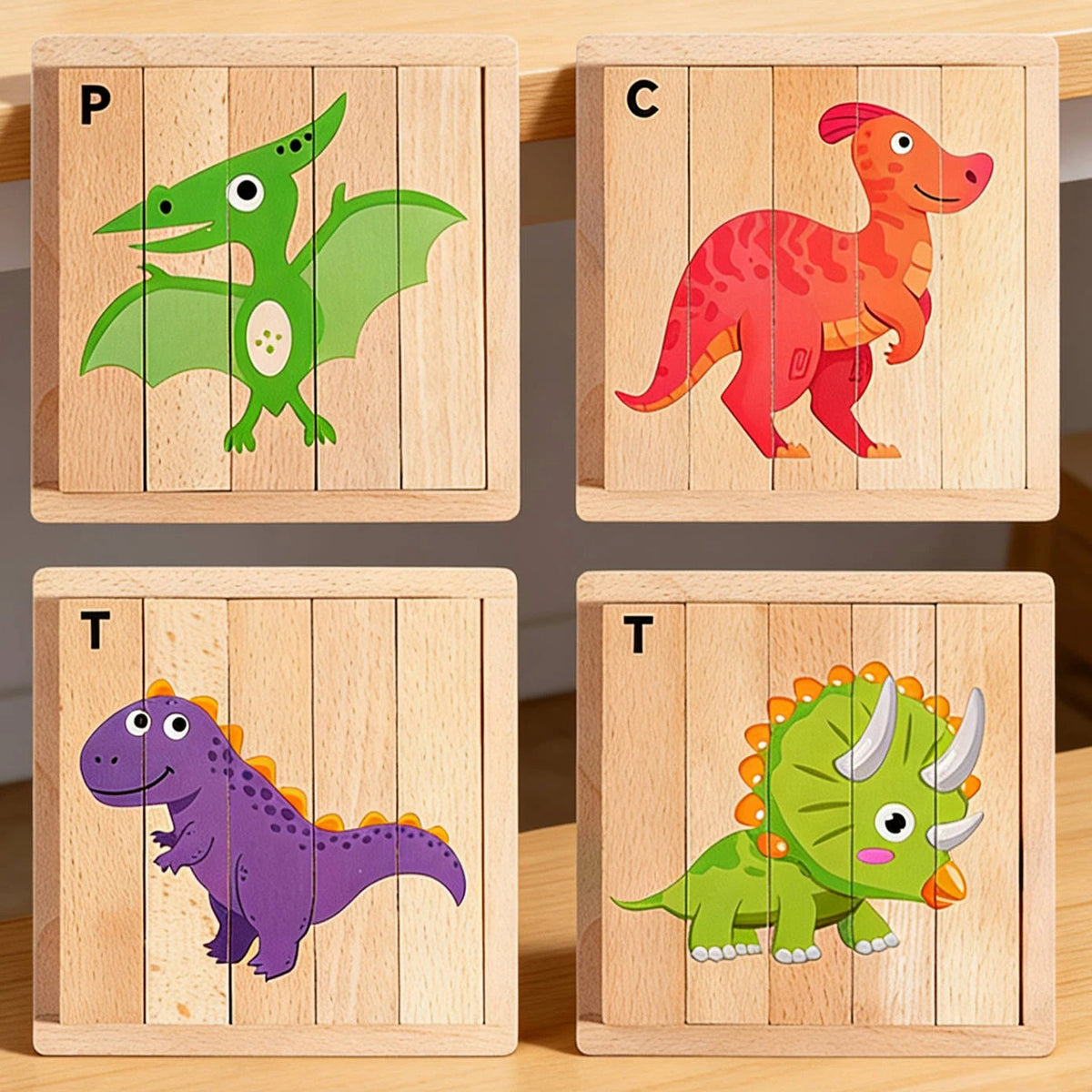 Three wooden jigsaw puzzles featuring dinosaurs and forest animals: a green dinosaur, a red dinosaur, and a purple dinosaur.