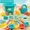 An assortment of 18 plastic beach sand toys including a bucket, shovel, scoop, and various molds in yellow, blue, and red.