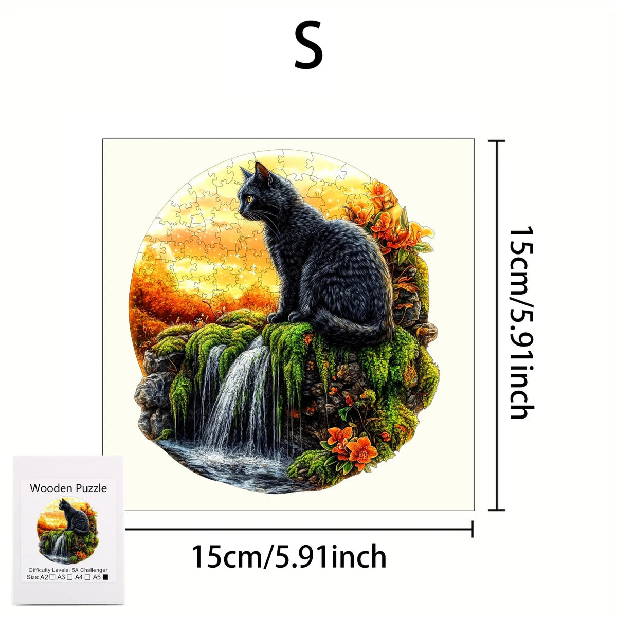 A black cat sitting on a mossy rock with a waterfall, part of a wooden jigsaw puzzle.