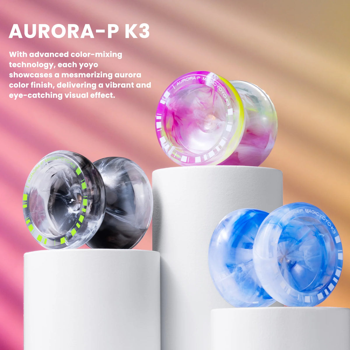 Gros plan des yoyos Aurora-P K3 montrant des finitions de couleurs vibrantes et accrocheuses.