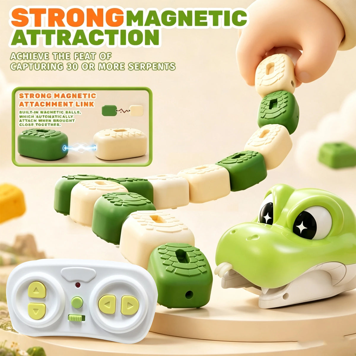 A hand holds a green crocodile toy, demonstrating the strong magnetic attraction link used to capture or move multiple serpen