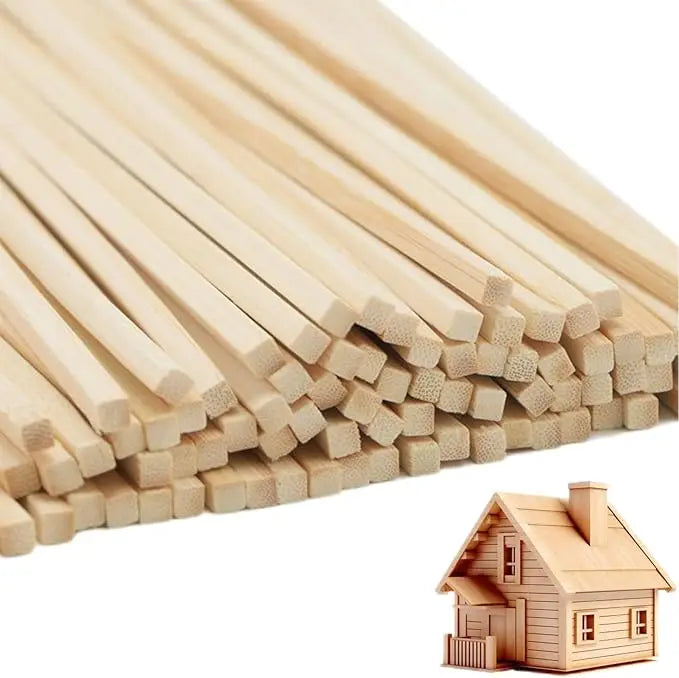 A close-up view of natural hardwood square dowels stacked in a fan-like arrangement next to a small wooden house model.