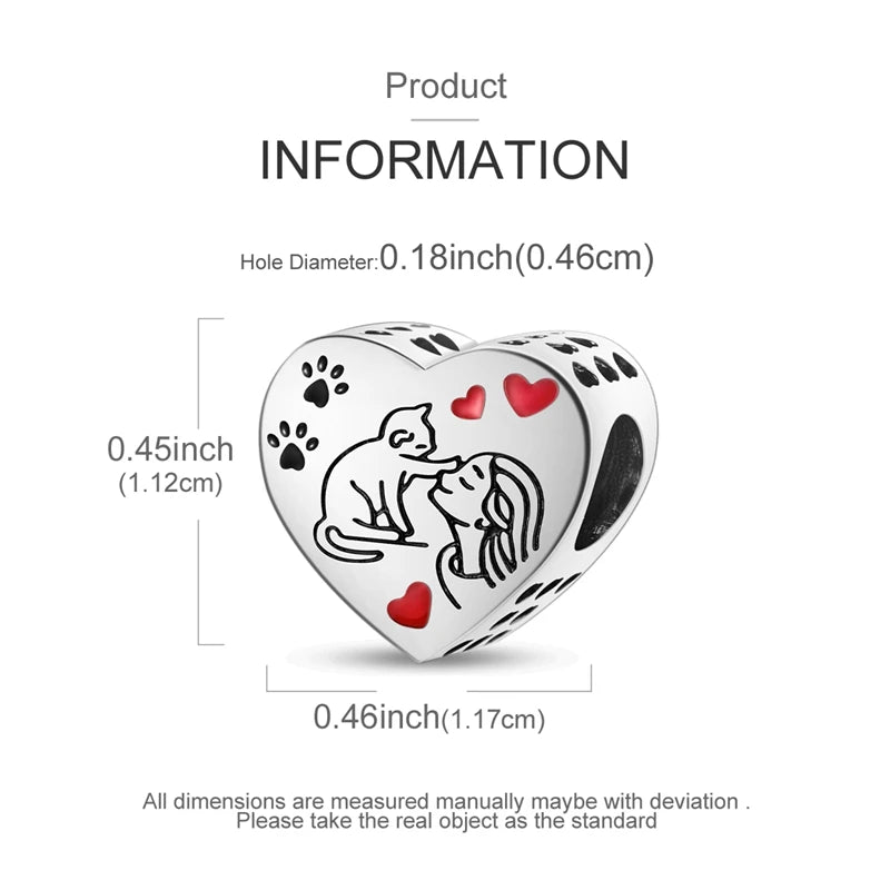 A 925 sterling silver heart charm featuring a silhouette of a cat and a woman embracing, designed for bracelets and necklaces