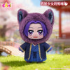 A plush blind box of a female character with purple hair and a fluffy purple animal-eared hood wearing a blue kimono.
