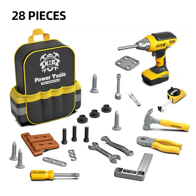 A set of 28 pieces of kids' pretend play tools including a power drill and various hand tools in a black and yellow box.