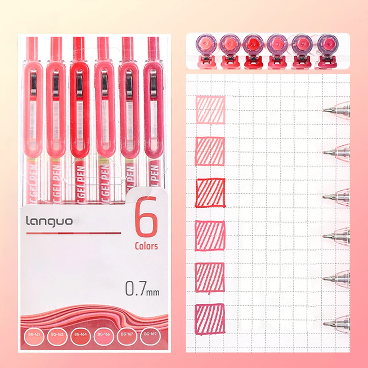 A set of six retractable gel pens in various colors, including red and pink shades, shown alongside a grid for measuring.