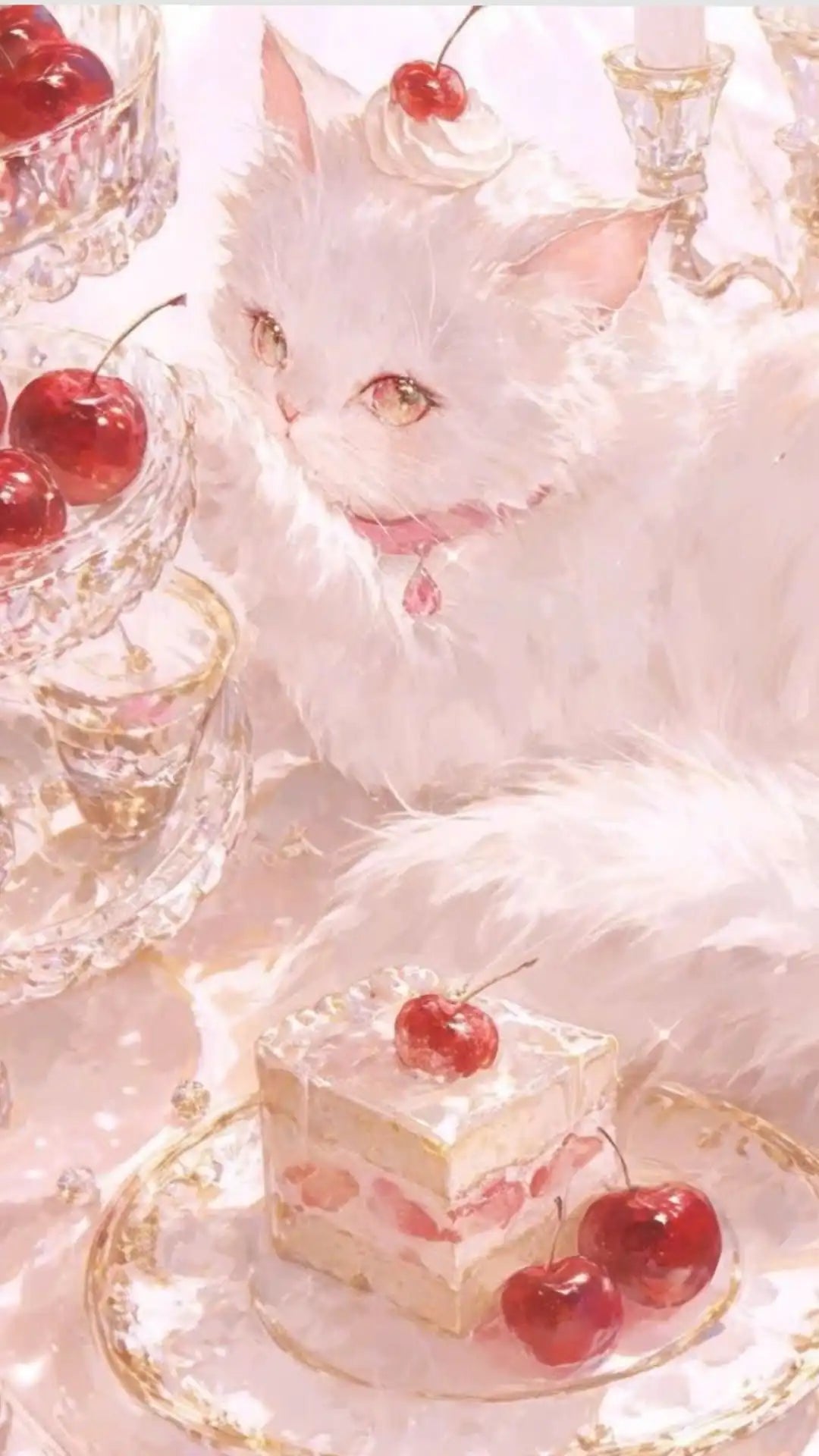 A fluffy white kitten sits near a delicate cake decorated with strawberries and is surrounded by sparkling elements.
