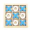 A wooden tic tac toe board game with blue and white 'X' and circle markers.