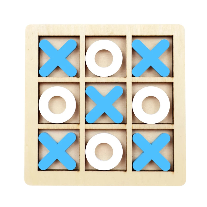 A wooden tic tac toe board game with blue and white 'X' and circle markers.