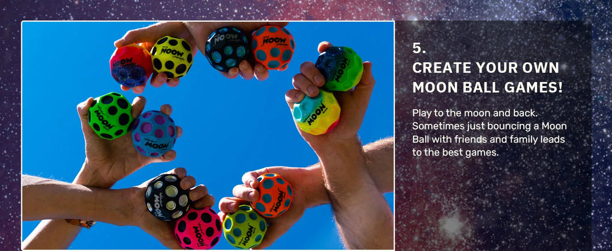 Hands holding various colored moon balls for bouncing games