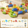 An assembled magnetic building blocks train set with a colorful 3D track and various components.
