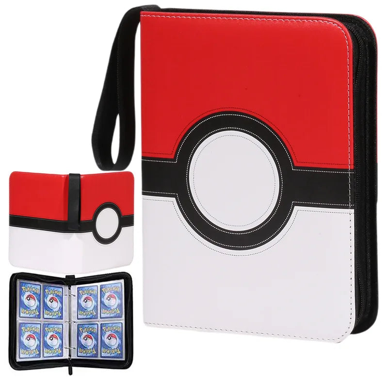 A red and black PU leather card binder with a zipper, featuring a large circular design on the cover.