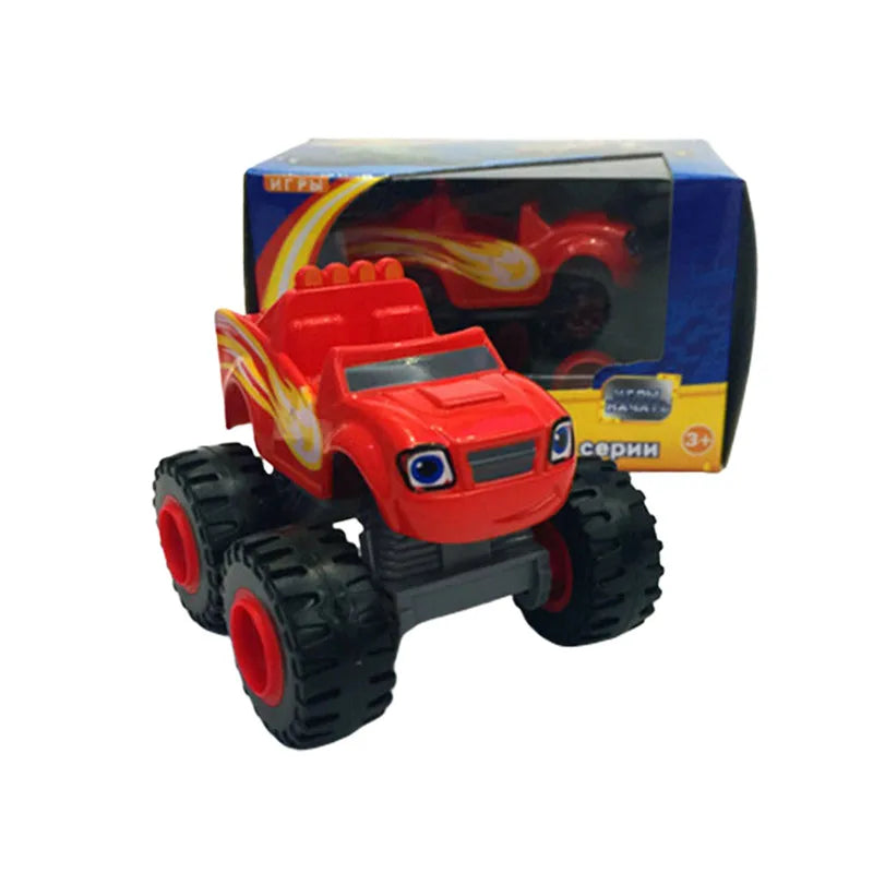 A red and black monster truck toy vehicle with flames on the front, packaged in a box.