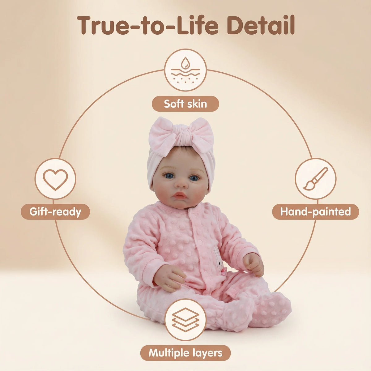 A pink soft body baby doll with a bow, showing details like soft skin, hand-painting, and multiple layers.