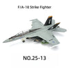 A die-cast model of an F/A-18 Strike Fighter jet in gray and black camouflage.