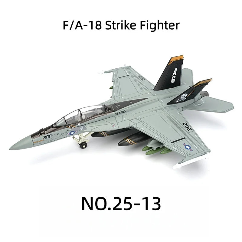 A die-cast model of an F/A-18 Strike Fighter jet in gray and black camouflage.