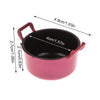 A miniature pink copper soup pot with a handle and lid, shown with dimensions.