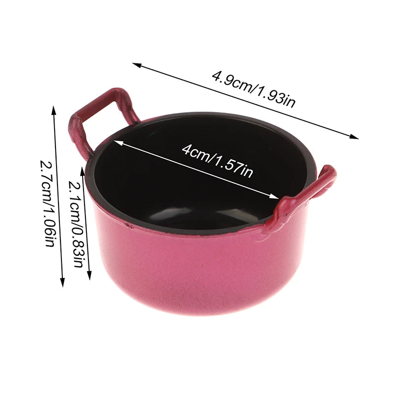 A miniature pink copper soup pot with a handle and lid, shown with dimensions.