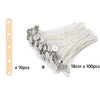 A bundle of 100 pre-waxed cotton candle wicks with metal sustainer tabs, shown next to a single stick.