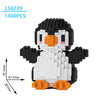 A black and white penguin model built from LEGO bricks, shown with dimensions.