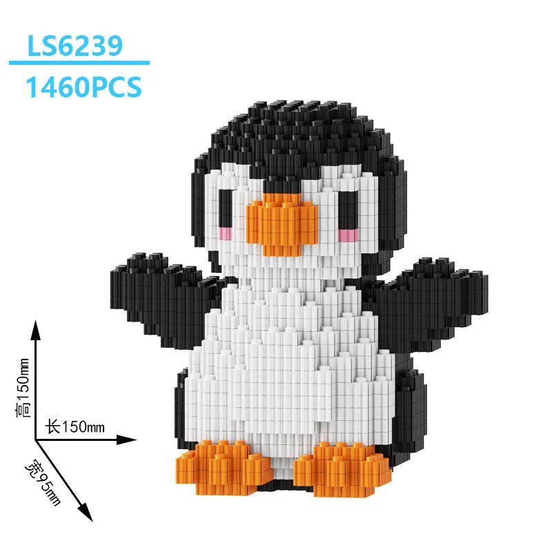 A black and white penguin model built from LEGO bricks, shown with dimensions.