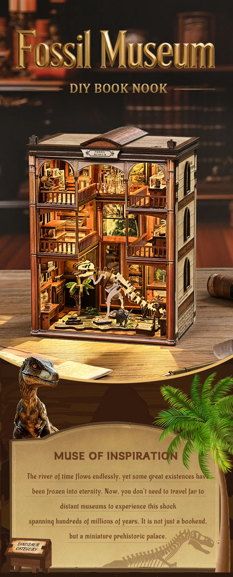 DIY Wooden Dinosaur Book Nook Kit with LED Lights