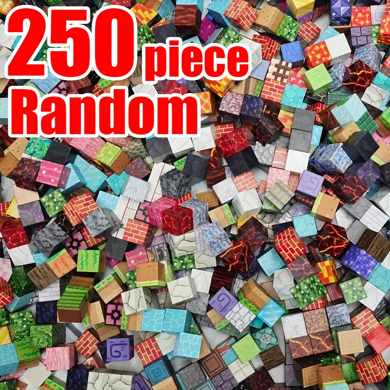 A pile of 250 random magnetic building cubes in various colors and patterns.