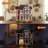 A detailed model kit of a red and white Charmed house built from building blocks, displayed on a wooden surface.