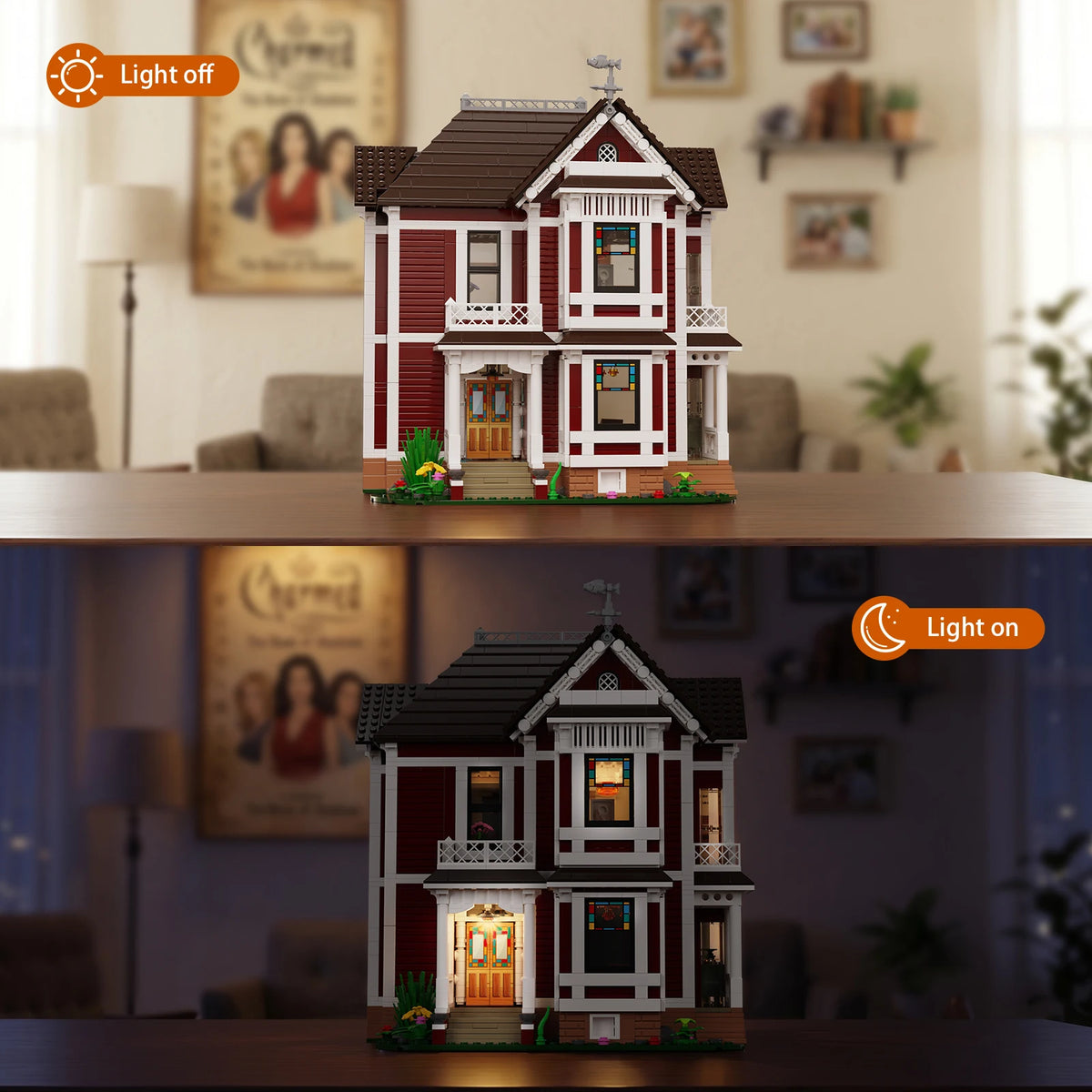 A detailed model kit of a red and white Charmed house built from building blocks, displayed on a wooden surface.